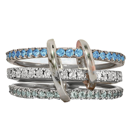 Sterling silver stacking ring with 3 layers of blue cubic zirconia