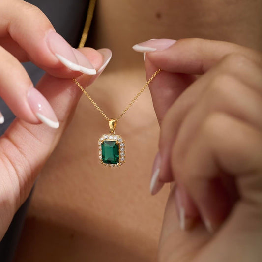 Emerald green necklace with cubic zirconia border on 18K Gold vermeil necklace