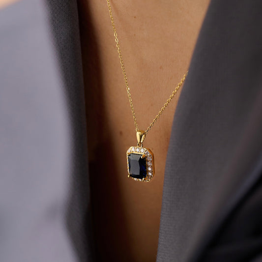 Blue Sapphire necklace with cubic zirconia border on 18K Gold vermeil necklace
