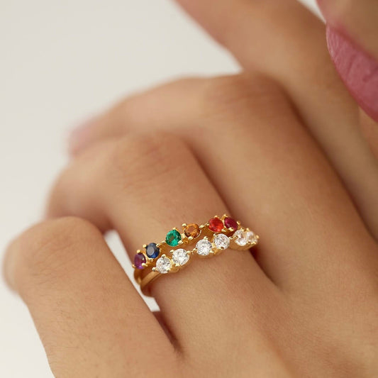 Rainbow gemstones in a half eternity 18K gold vermeil band paired with cubic zirconia half eternity in 18K gold vermeil band