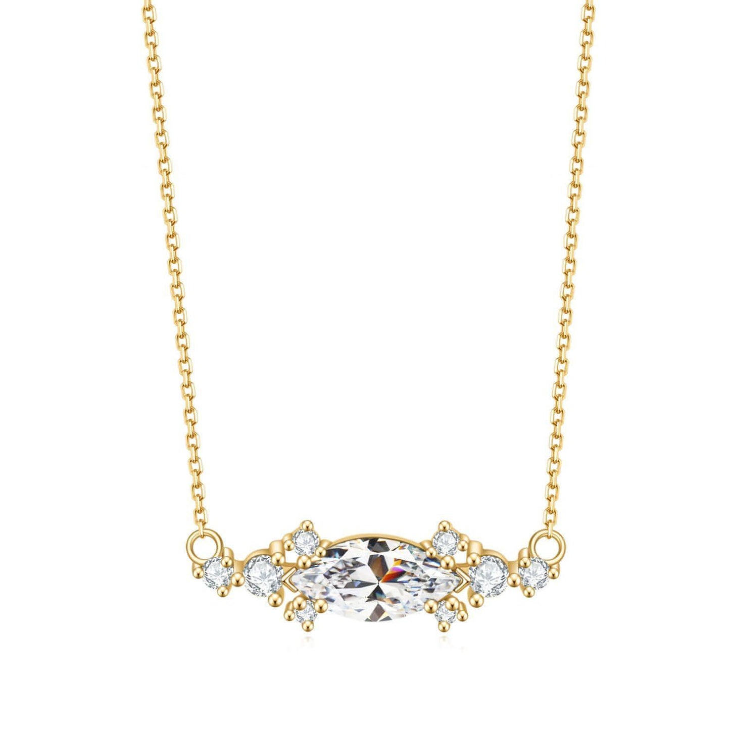 East-west marquise surrounded by round cubic zirconia on 18K gold vermeil.
