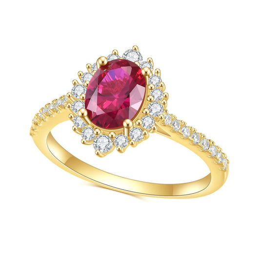 Ruby red gemstone with cubic zirconia halo and pave band on 18K gold vermeil.