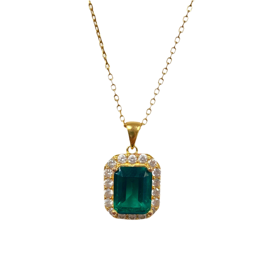 Emerald green necklace with cubic zirconia border on 18K Gold vermeil necklace