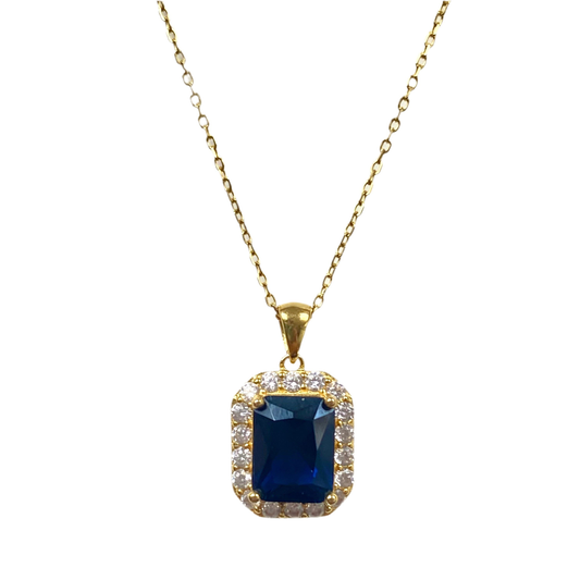Blue Sapphire necklace with cubic zirconia border on 18K Gold vermeil necklace